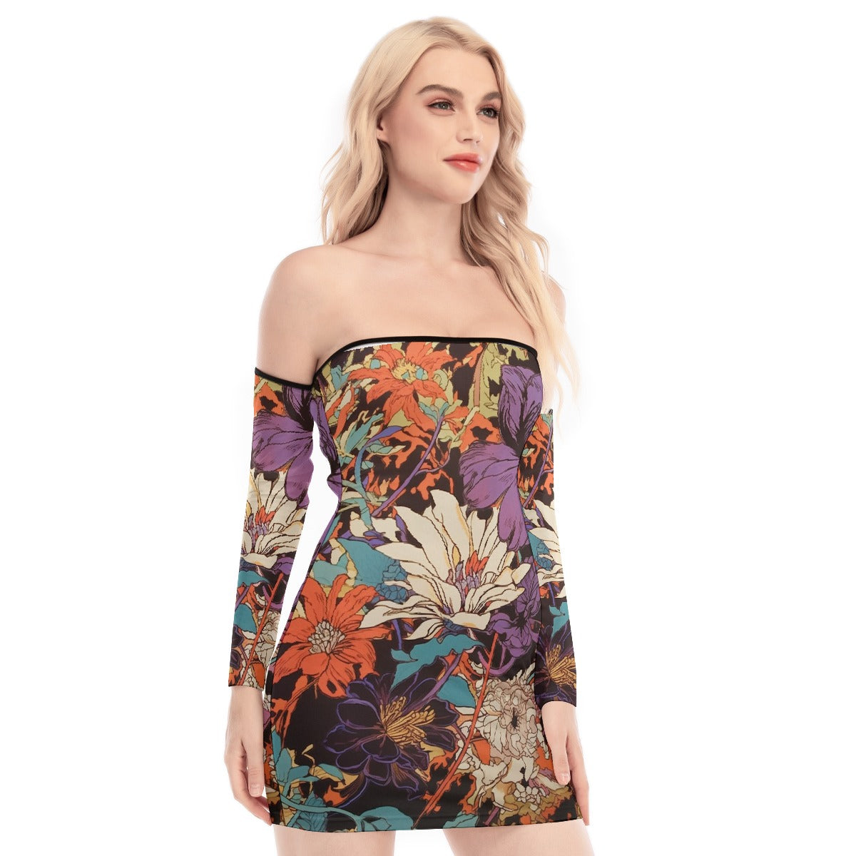 All-Over Print Women's Off-shoulder Back Lace-up Dress