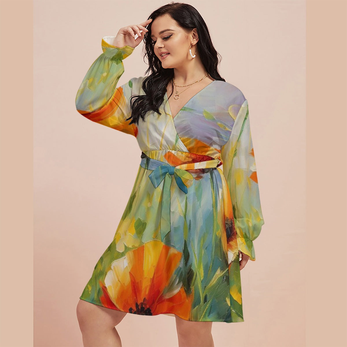 All-Over Print Women's V-neck Dress With Waistband(Plus Size)