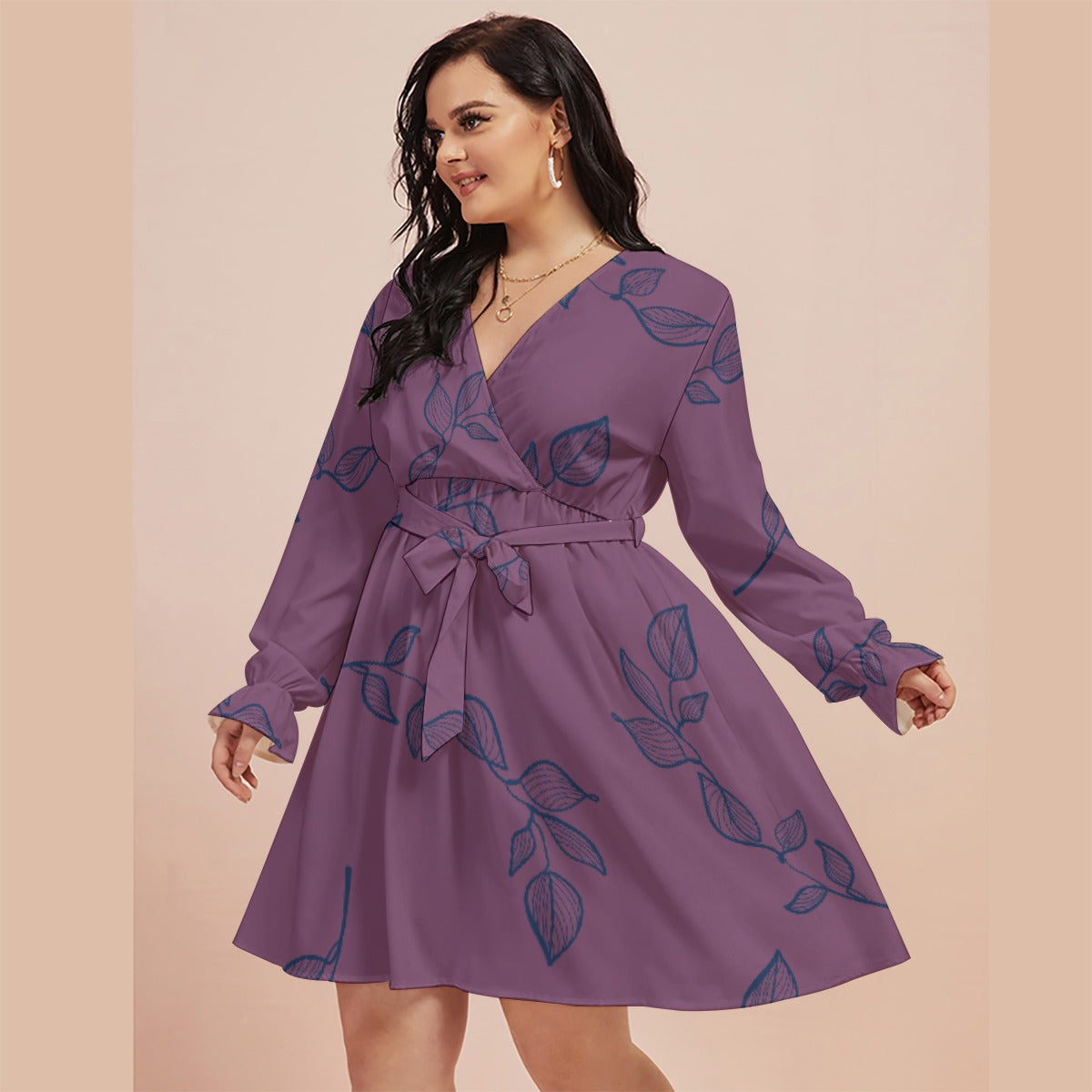 All-Over Print Women's V-neck Dress With Waistband(Plus Size)