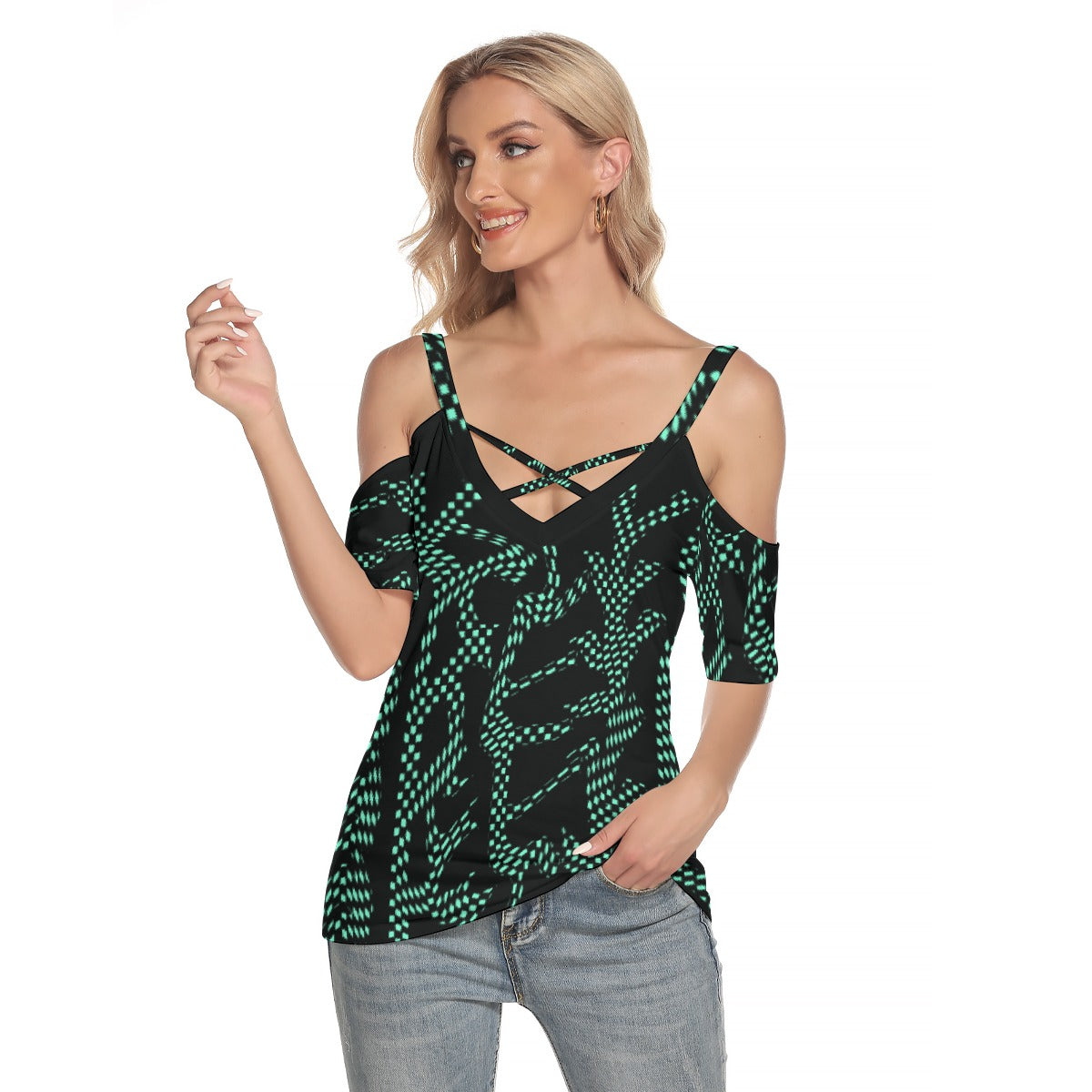 All-Over Print Women's Cold Shoulder T-shirt With Criss Cross Strips