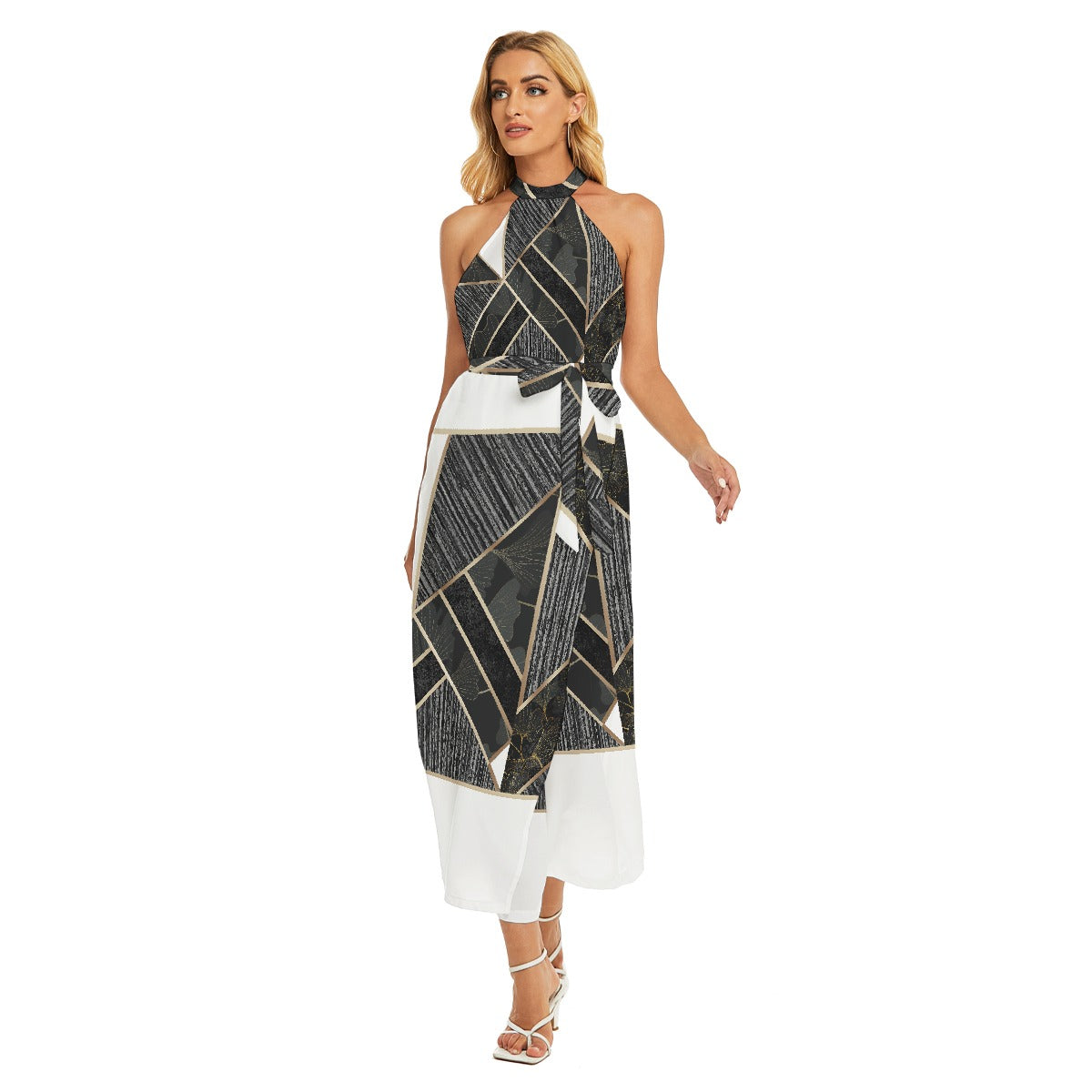 All-Over Print Women's Wrap Hem Belted Halter Dress