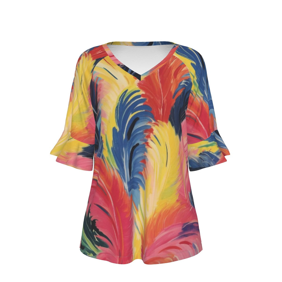 All-Over Print V-neck Women's T-shirt With Bell Sleeve