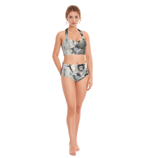 All-Over Print Women's Swimsuit Set With Halter