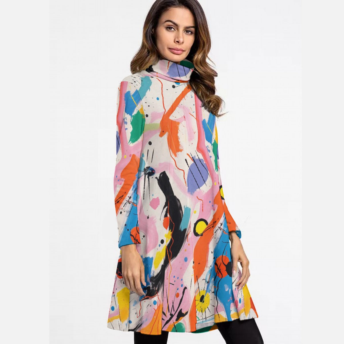 All-Over Print Women's High Neck Dress With Long Sleeve