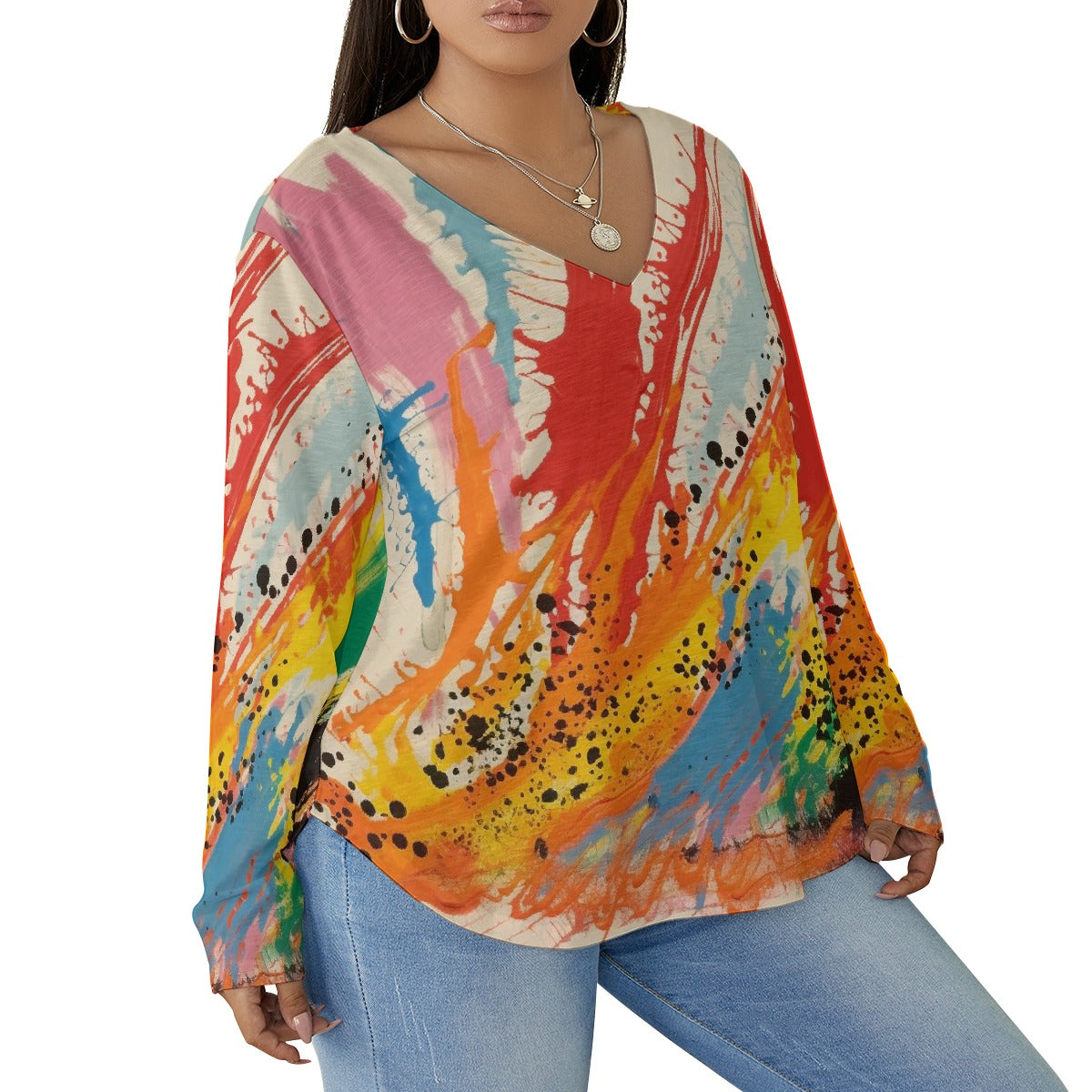 All-Over Print Women's V-neck T-shirt With Curved Hem(Plus Size)