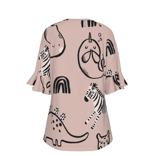 All-Over Print V-neck Women's T-shirt With Bell Sleeve