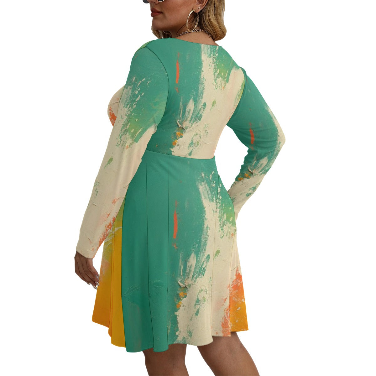 All-Over Print Women's V-neck Long Sleeve Dress(Plus Size)