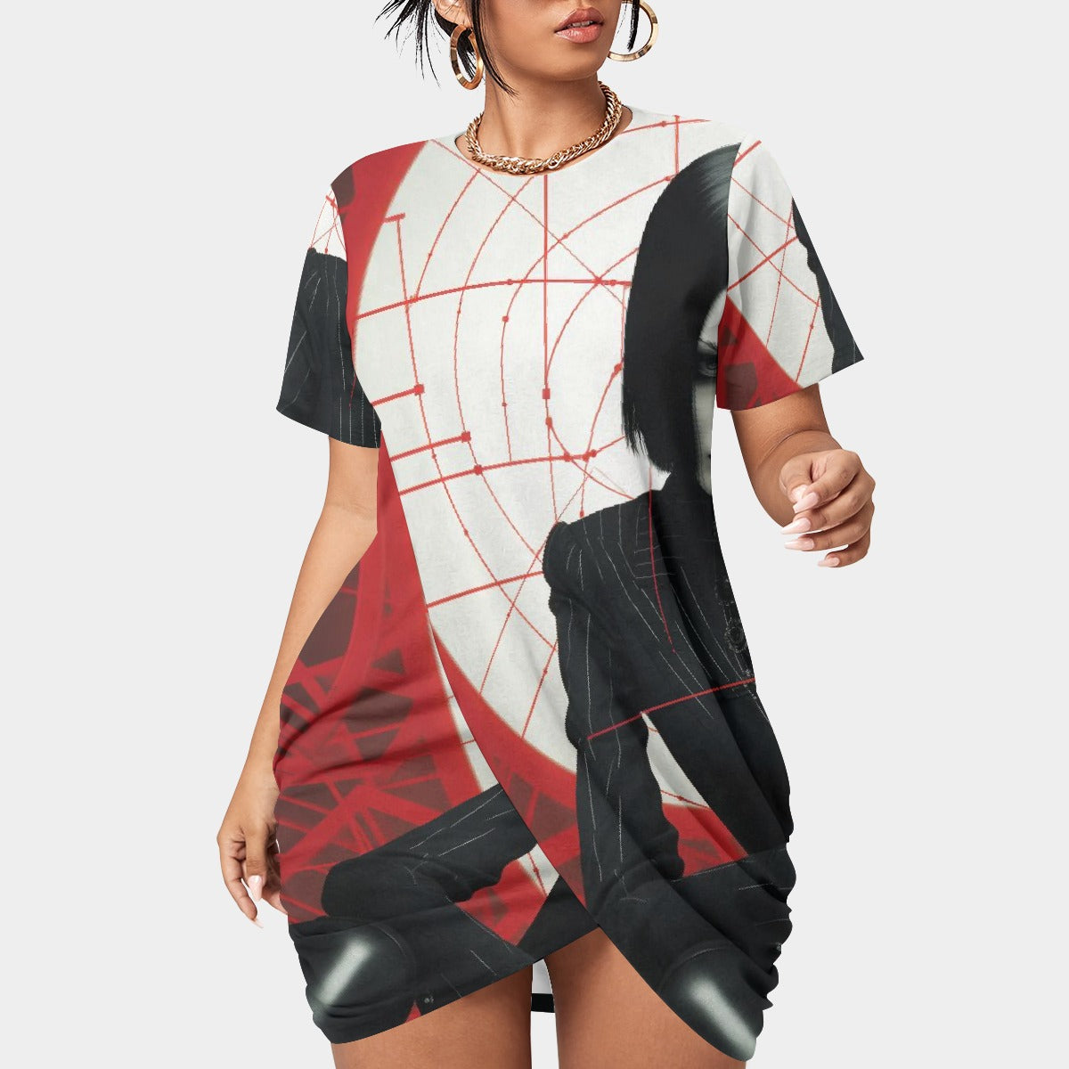 All-Over Print Women’s Stacked Hem Dress With Short Sleeve（Plus Size）