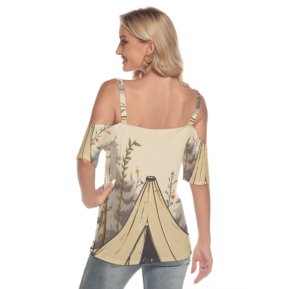 All-Over Print Women's Cold Shoulder T-shirt With Criss Cross Strips