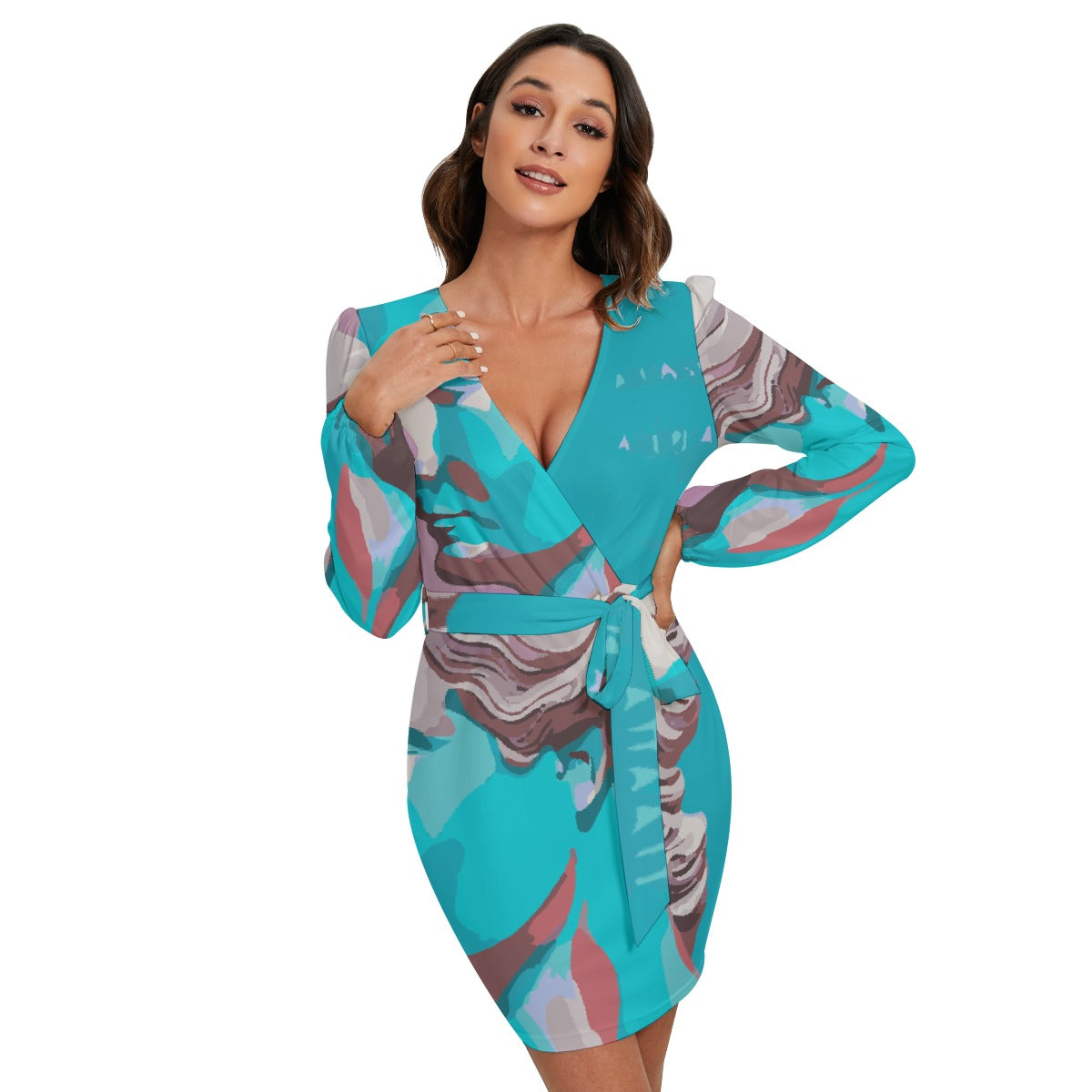 All-Over Print Women's Long Sleeve Dress With Waist Belt