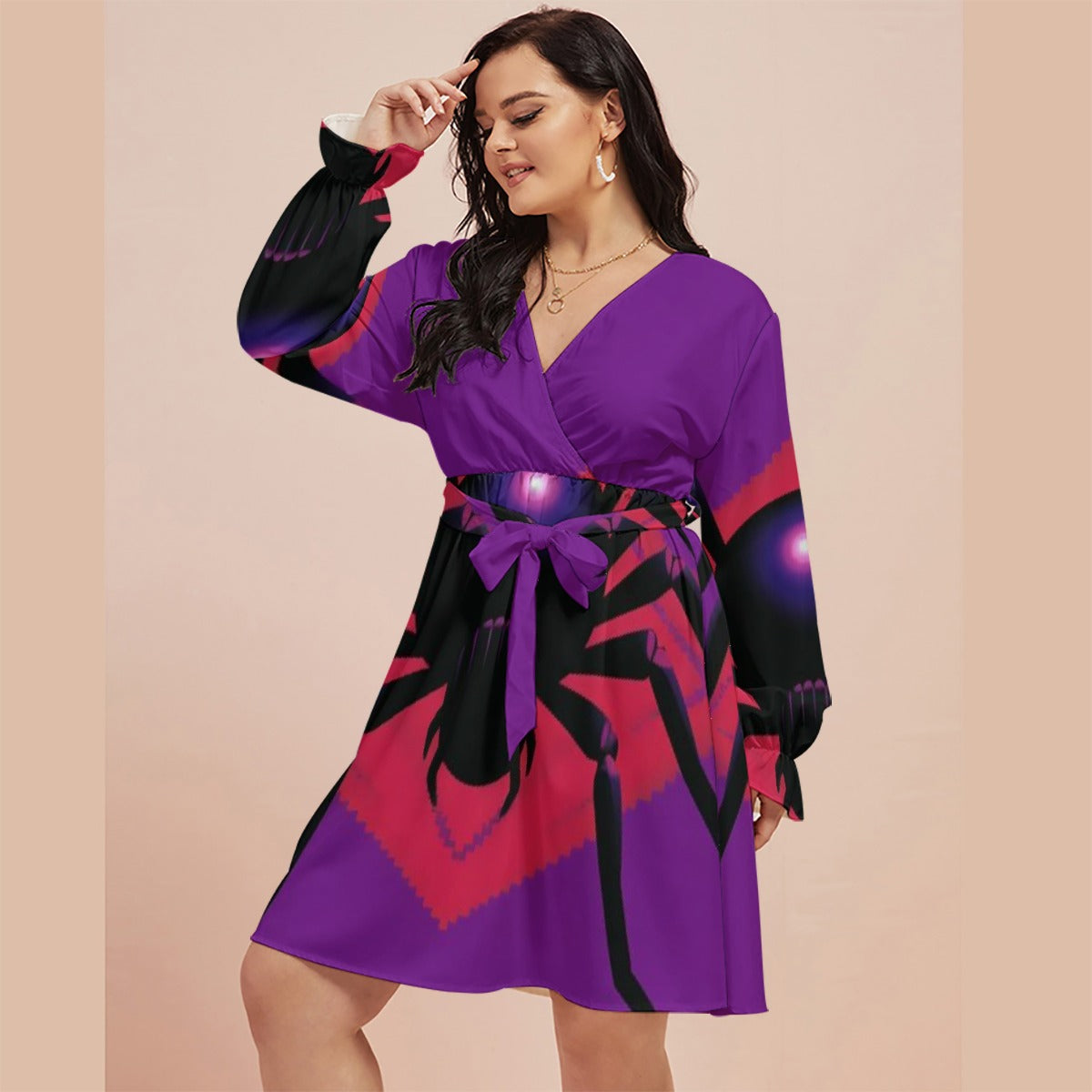 All-Over Print Women's V-neck Dress With Waistband(Plus Size)