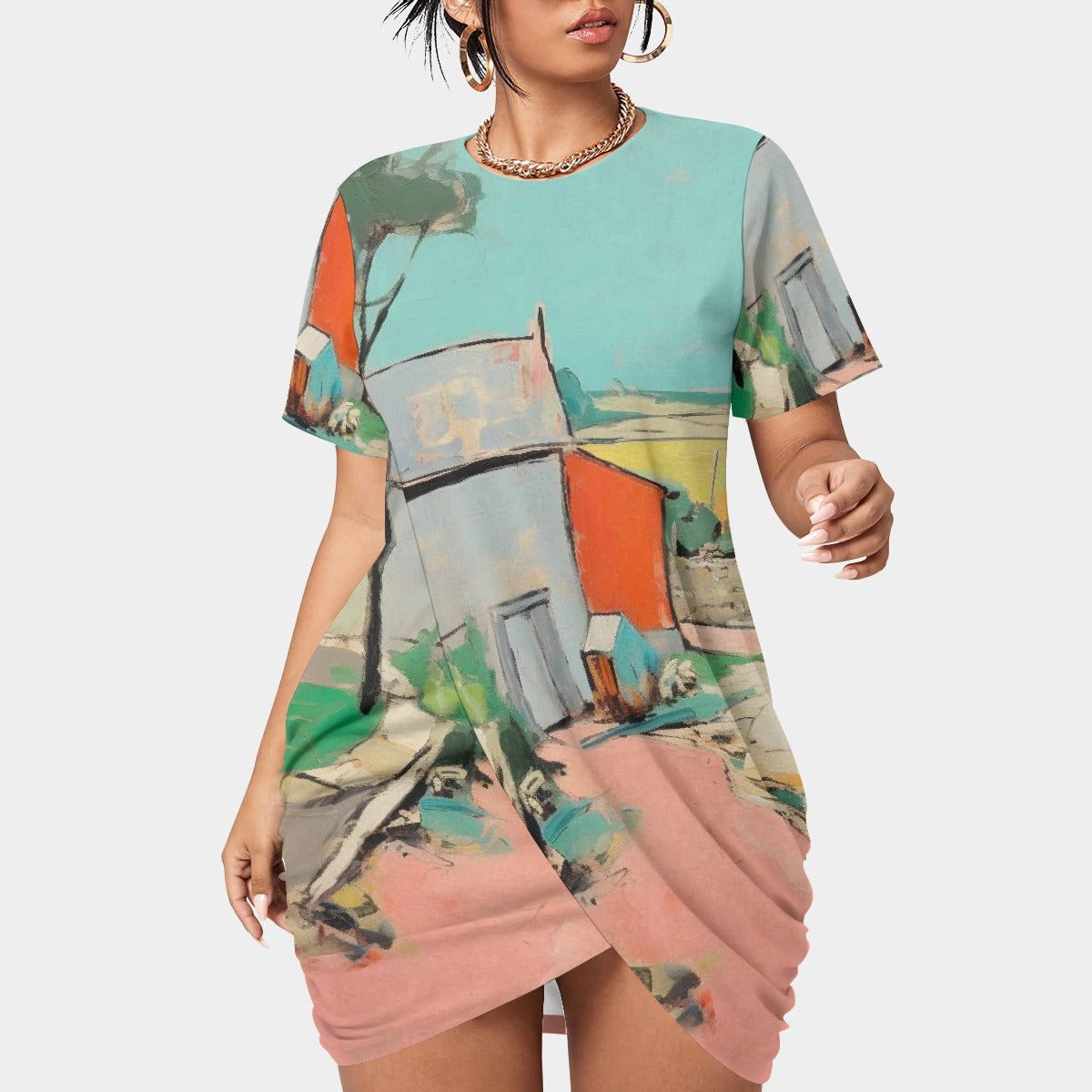 All-Over Print Women’s Stacked Hem Dress With Short Sleeve（Plus Size）