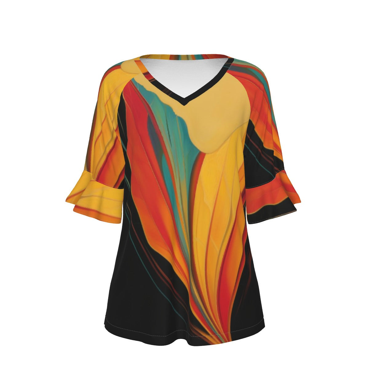 All-Over Print V-neck Women's T-shirt With Bell Sleeve