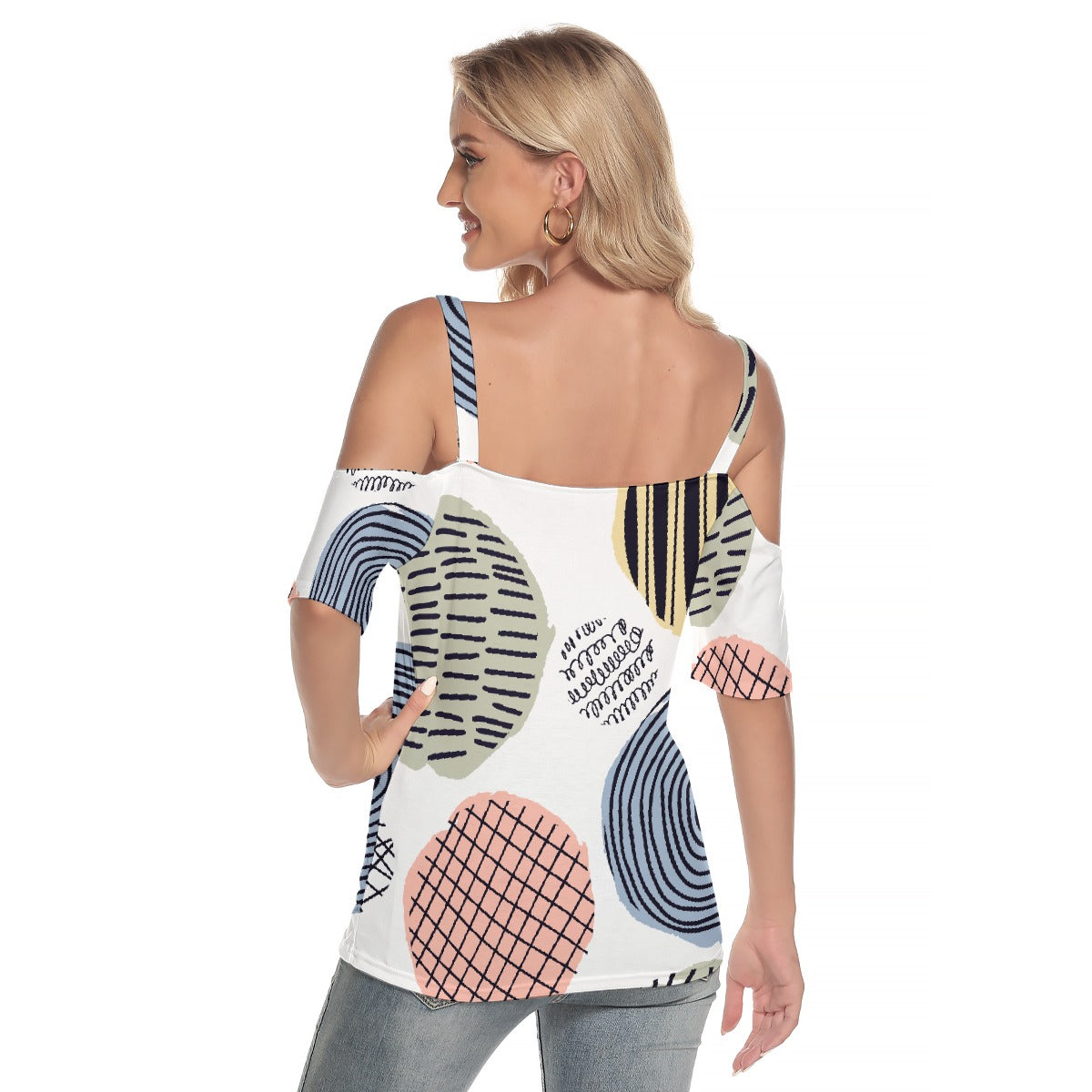 All-Over Print Women's Cold Shoulder T-shirt With Criss Cross Strips