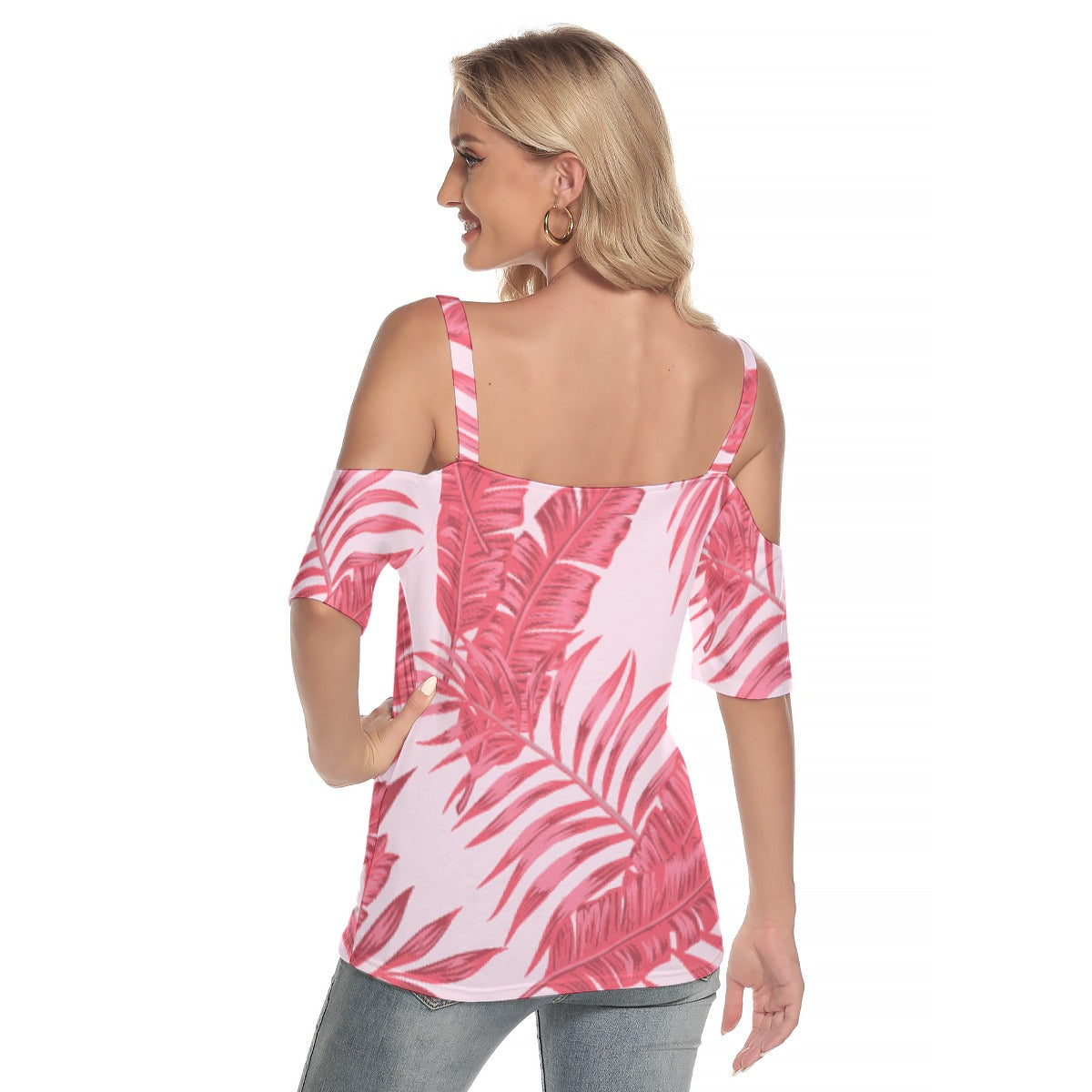 All-Over Print Women's Cold Shoulder T-shirt With Criss Cross Strips