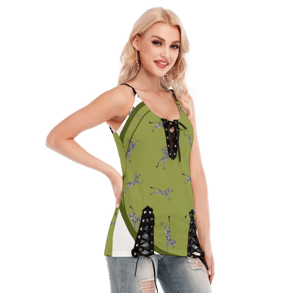 All-Over Print Women's V-neck Eyelet Lace-up Cami Dress