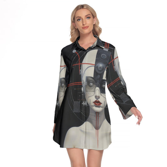 All-Over Print Women's Lapel Shirt Dress With Long Sleeve