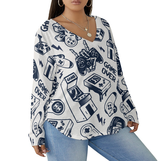 All-Over Print Women's V-neck T-shirt With Curved Hem(Plus Size)