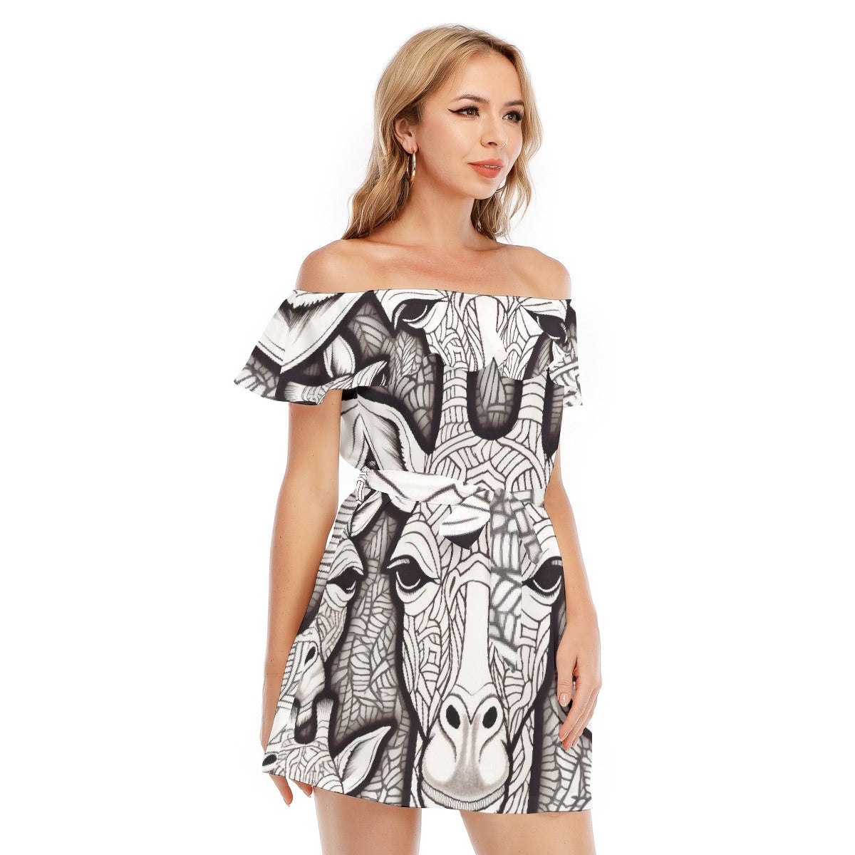 All-Over Print Women's Off-shoulder Dress With Ruffle