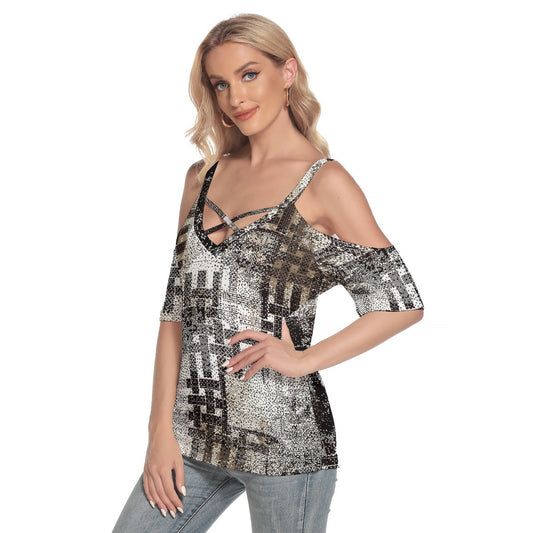 All-Over Print Women's Cold Shoulder T-shirt With Criss Cross Strips