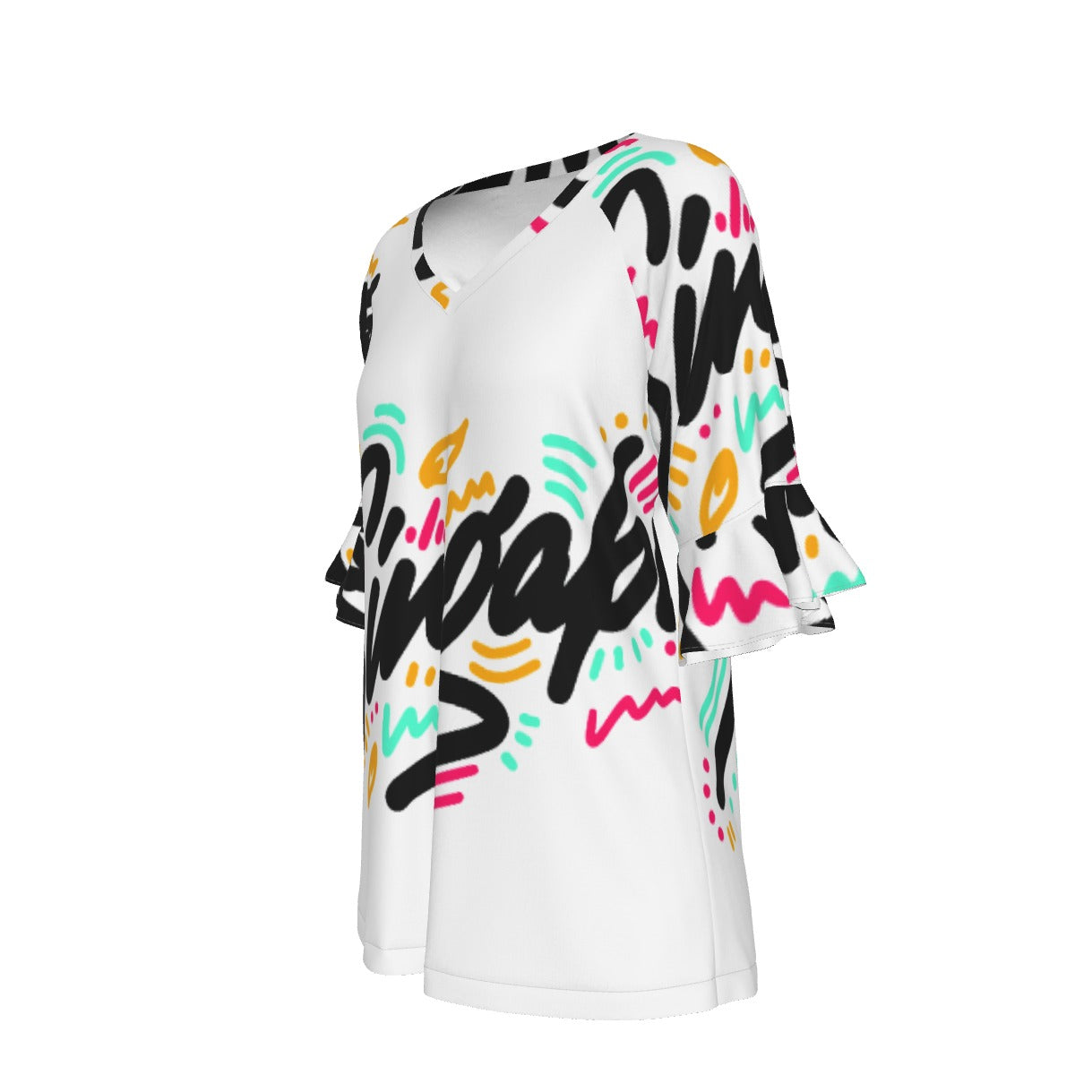 All-Over Print V-neck Women's T-shirt With Bell Sleeve