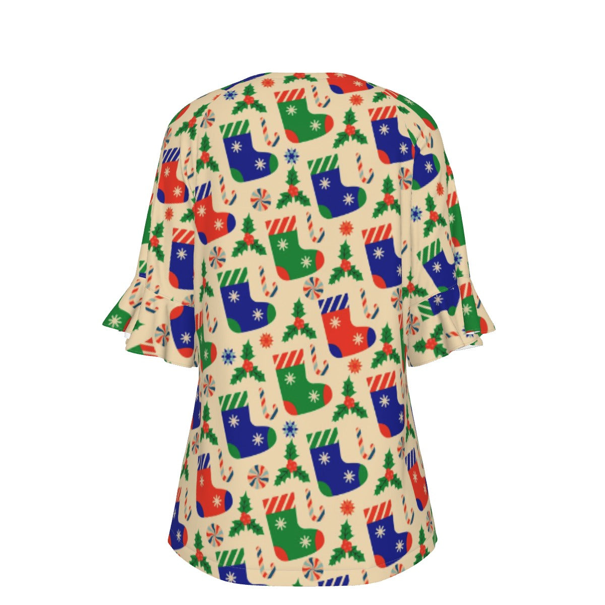 All-Over Print V-neck Women's T-shirt With Bell Sleeve