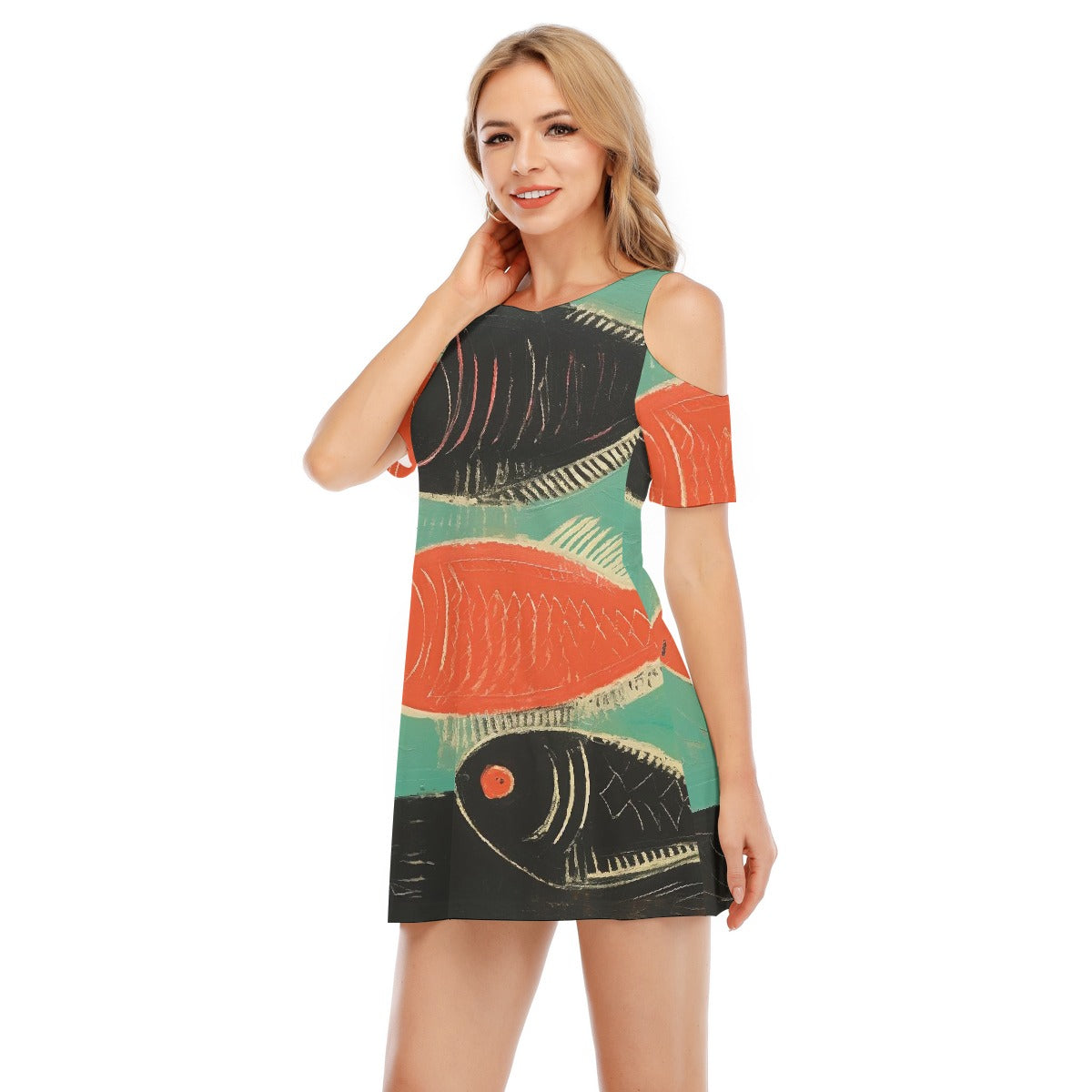 All-Over Print Women's Cold Shoulder Dress | 190GSM Cotton