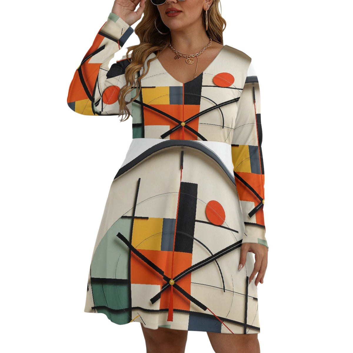 All-Over Print Women's V-neck Long Sleeve Dress(Plus Size)