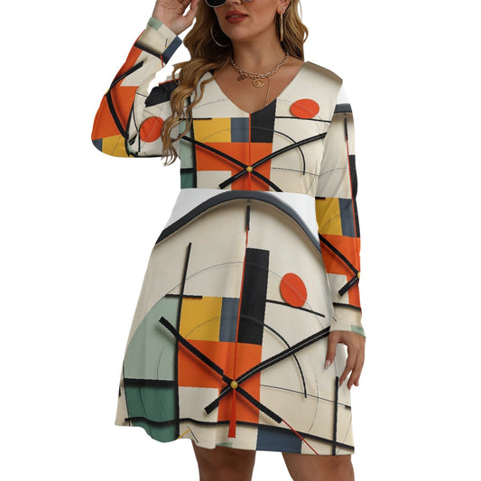 All-Over Print Women's V-neck Long Sleeve Dress(Plus Size)