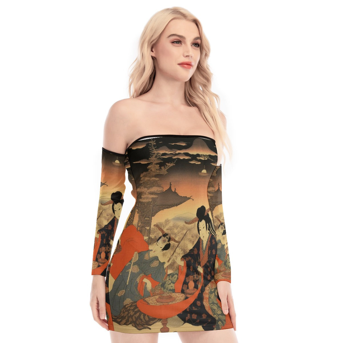 All-Over Print Women's Off-shoulder Back Lace-up Dress