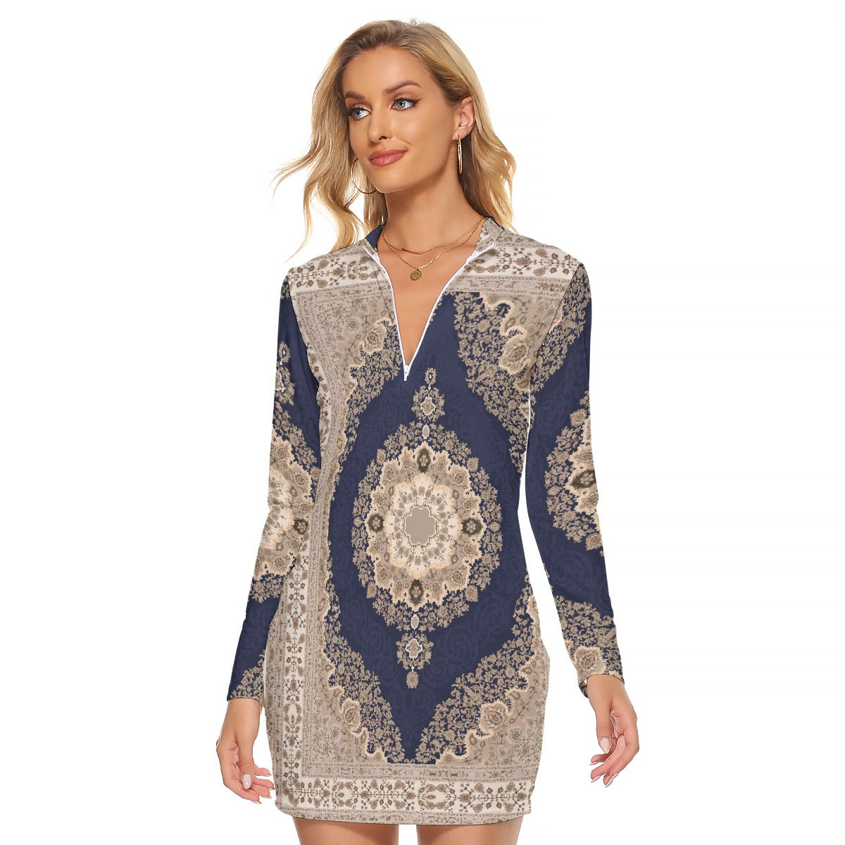 All-Over Print Women's Zip Front Tight Dress