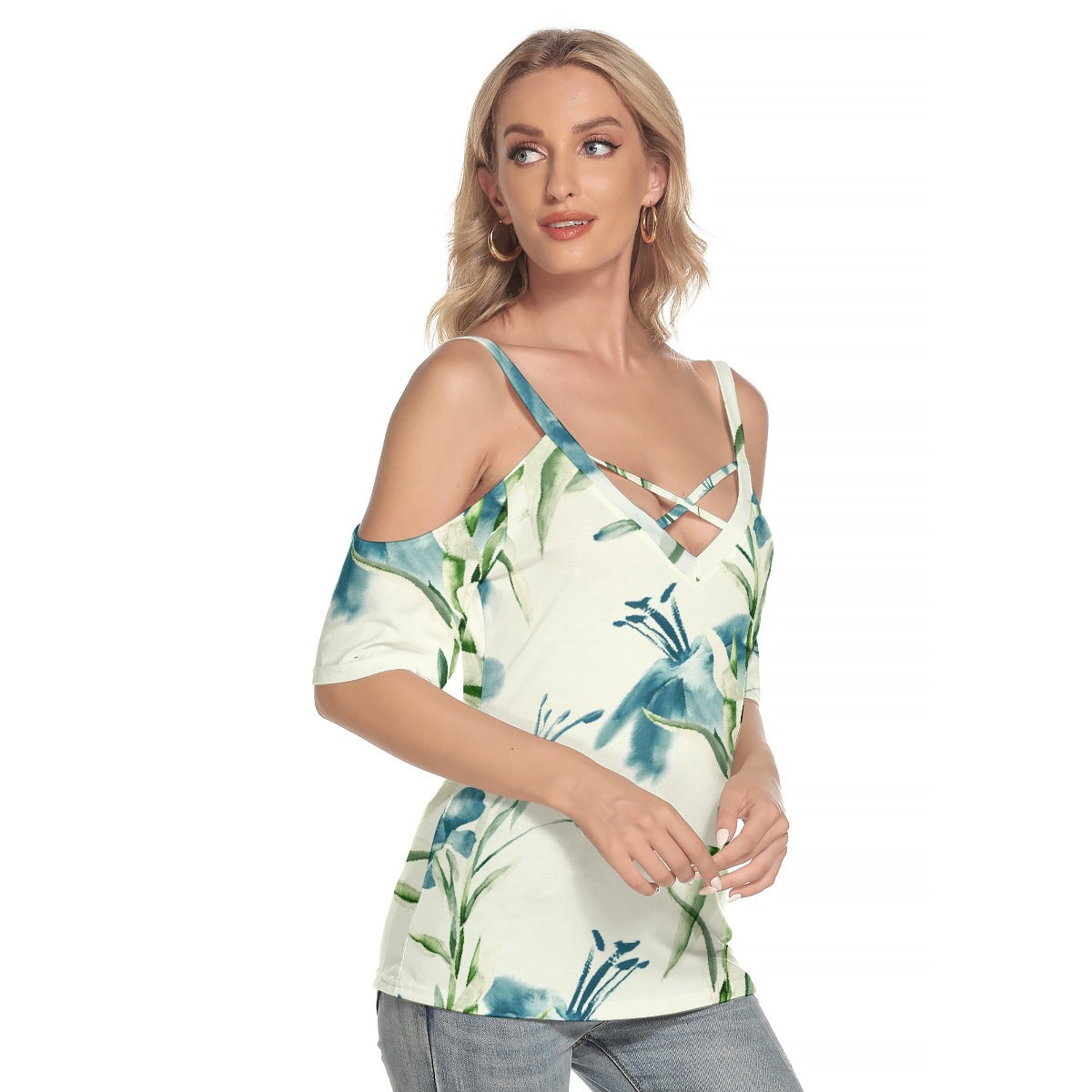 All-Over Print Women's Cold Shoulder T-shirt With Criss Cross Strips