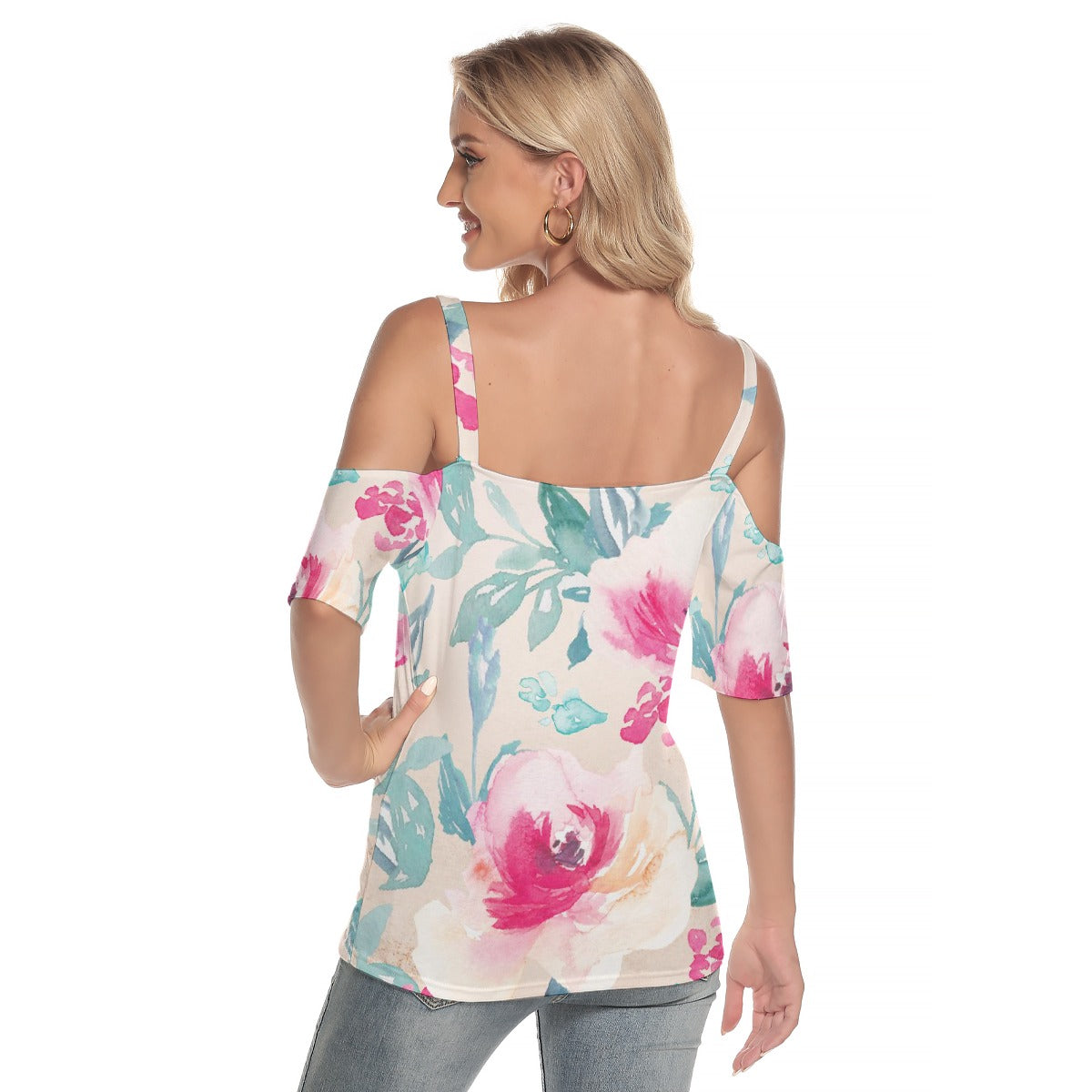 All-Over Print Women's Cold Shoulder T-shirt With Criss Cross Strips