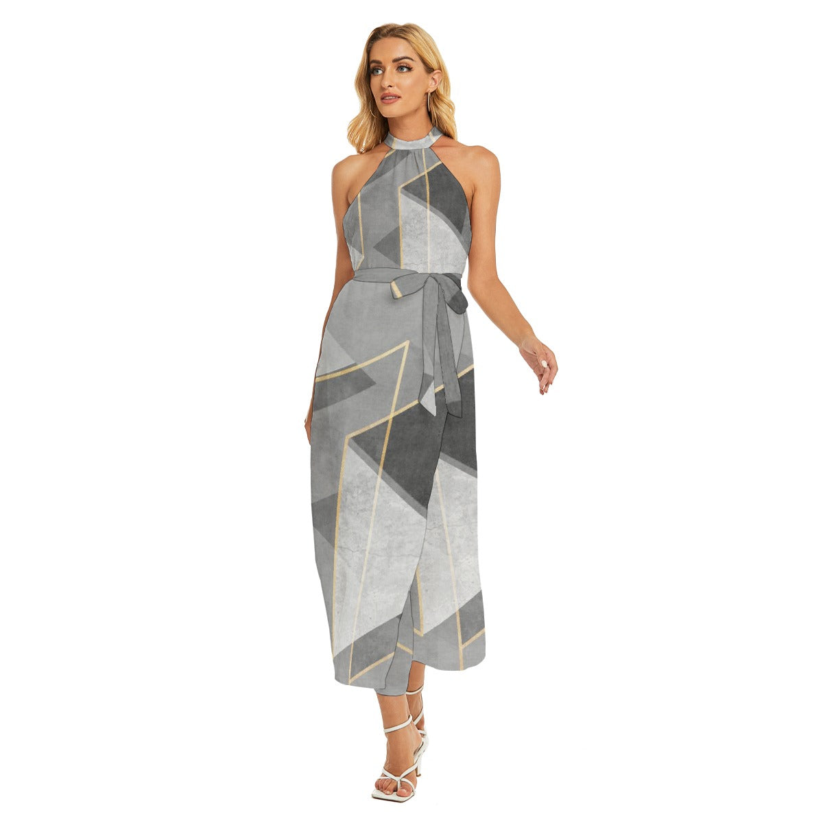 All-Over Print Women's Wrap Hem Belted Halter Dress