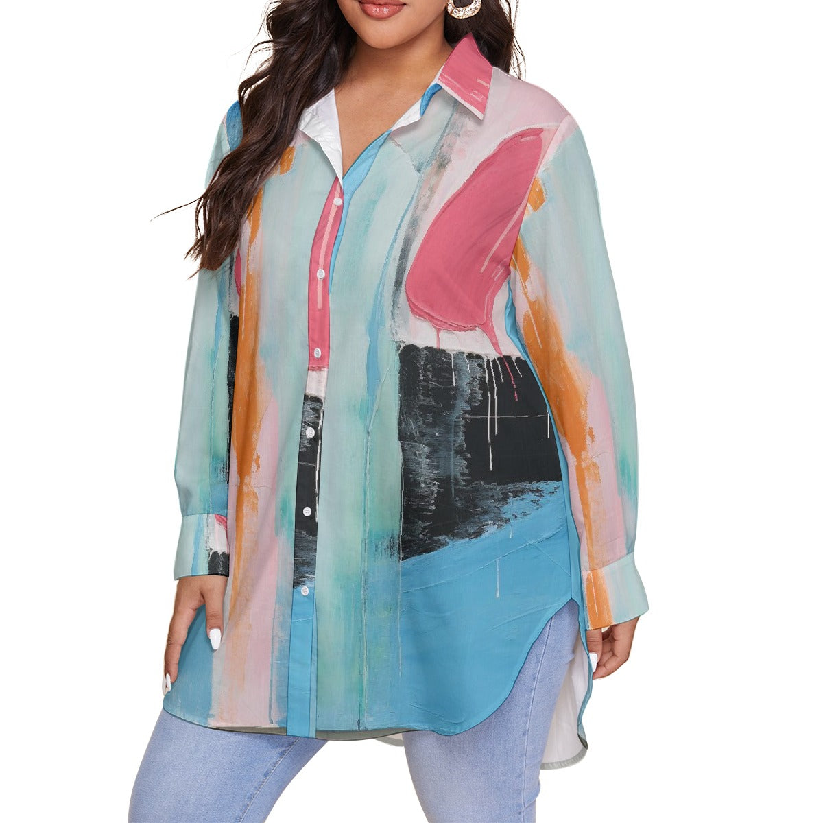 All-Over Print Women's Shirt With Long Sleeve(Plus Size)