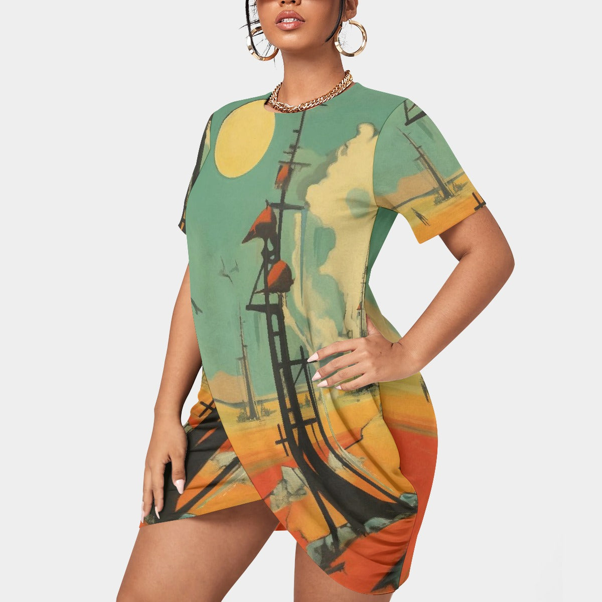 All-Over Print Women’s Stacked Hem Dress With Short Sleeve（Plus Size）