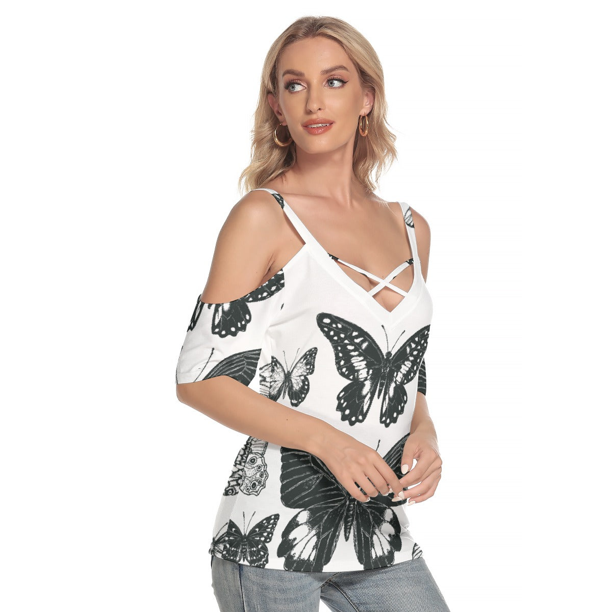 All-Over Print Women's Cold Shoulder T-shirt With Criss Cross Strips