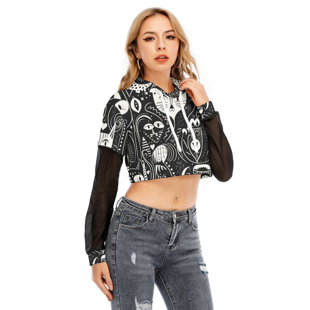 All-Over Print Women's Fake Two-piece Mesh Sleeve Cropped Hoodie