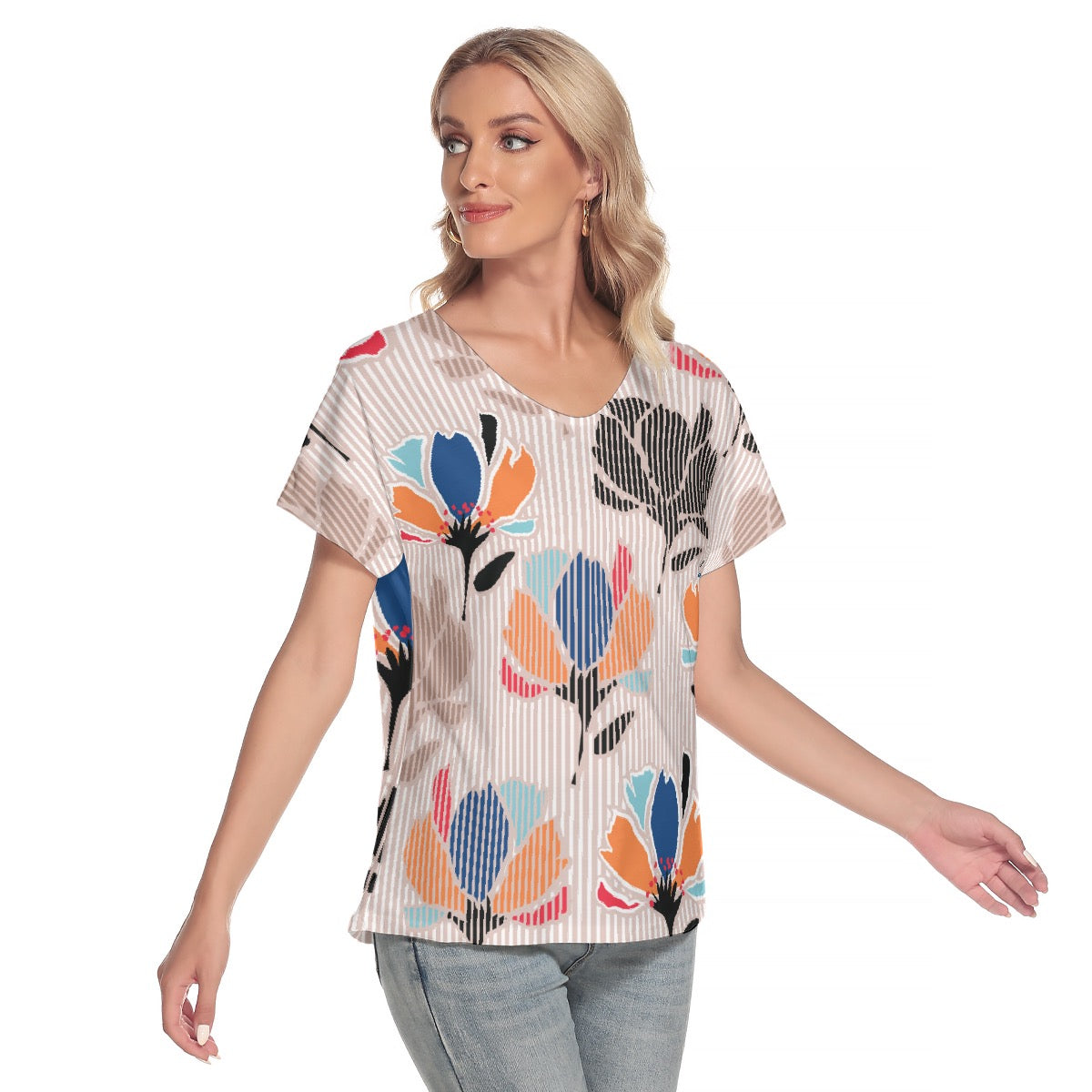 All-Over Print Women's Loose V-neck Short Sleeve T-shirt