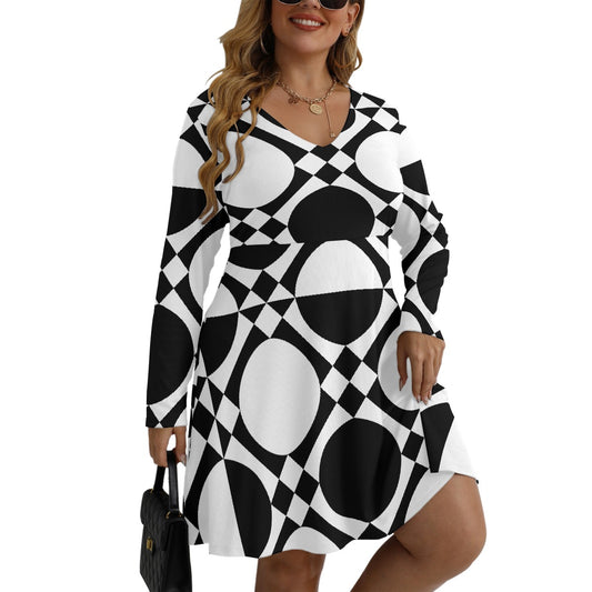 All-Over Print Women's V-neck Long Sleeve Dress(Plus Size)