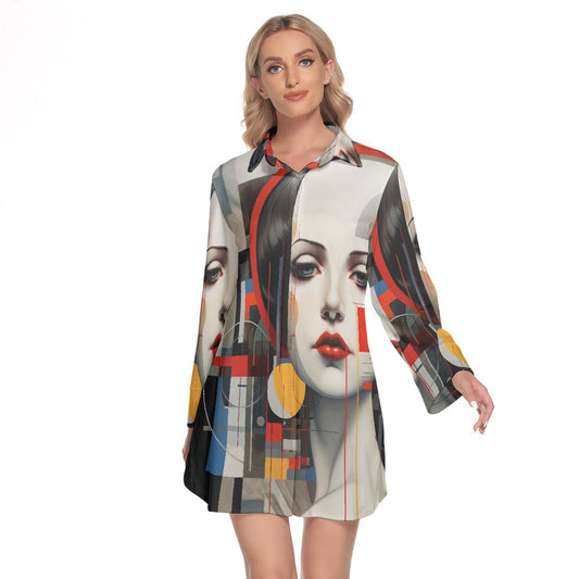 All-Over Print Women's Lapel Shirt Dress With Long Sleeve