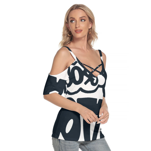 All-Over Print Women's Cold Shoulder T-shirt With Criss Cross Strips