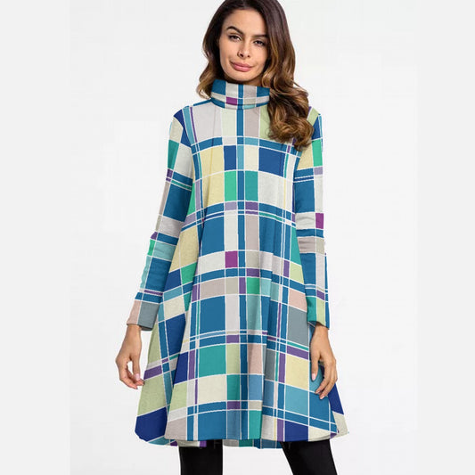 All-Over Print Women's High Neck Dress With Long Sleeve