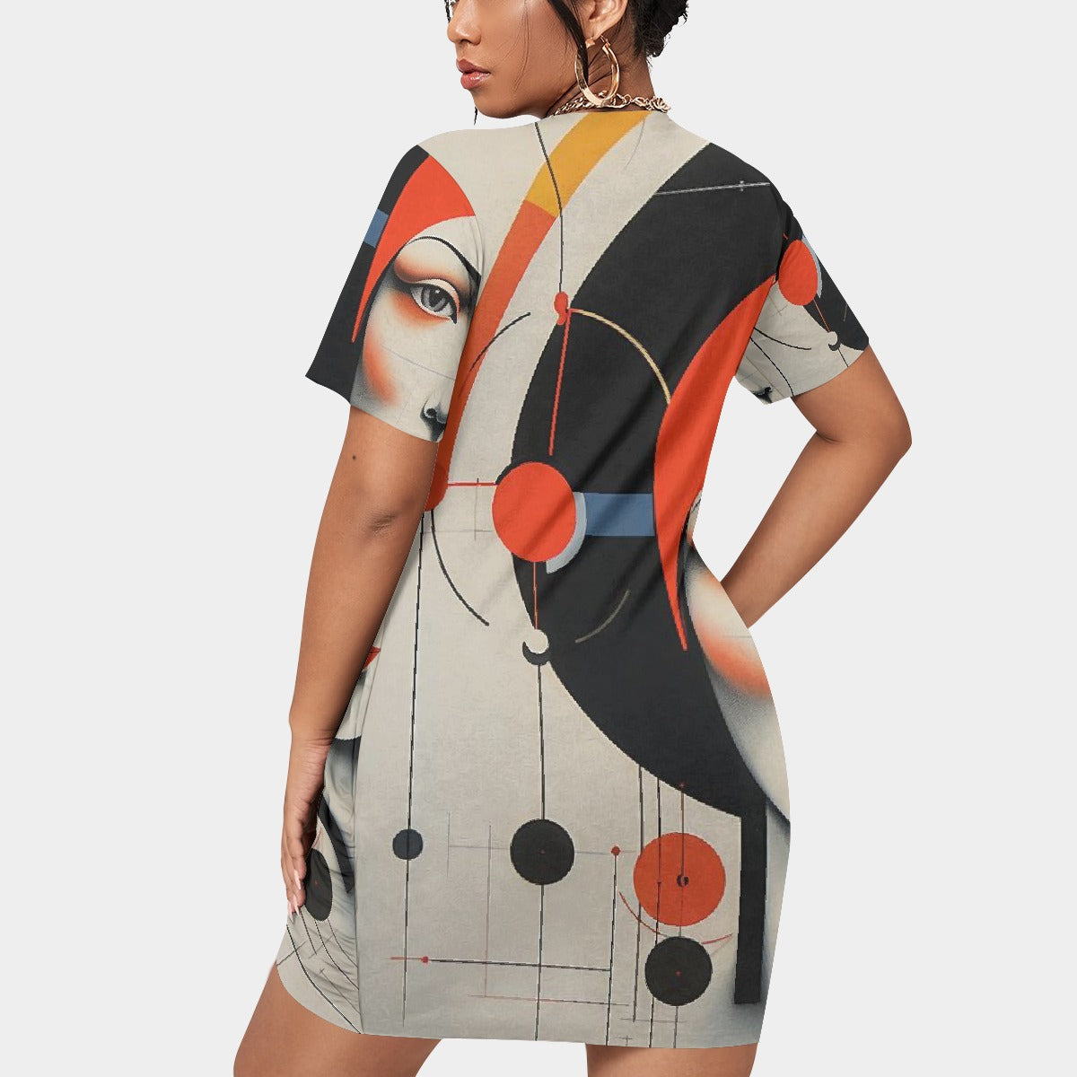 All-Over Print Women’s Stacked Hem Dress With Short Sleeve（Plus Size）