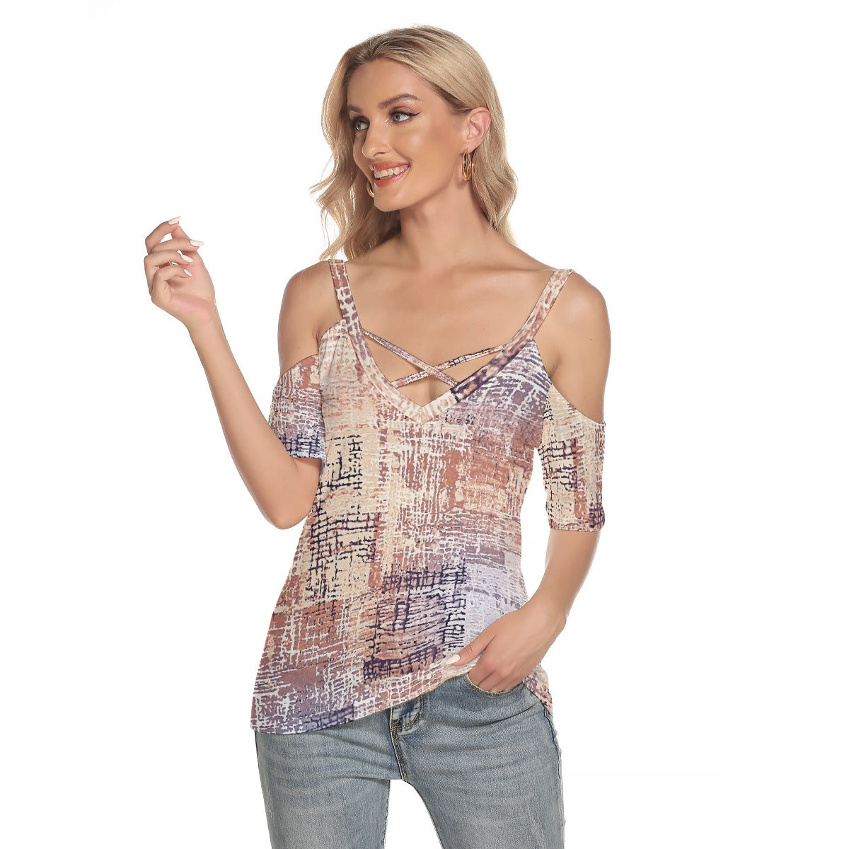 All-Over Print Women's Cold Shoulder T-shirt With Criss Cross Strips