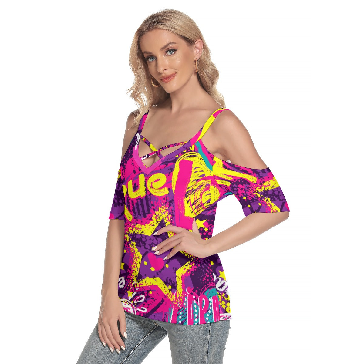 All-Over Print Women's Cold Shoulder T-shirt With Criss Cross Strips