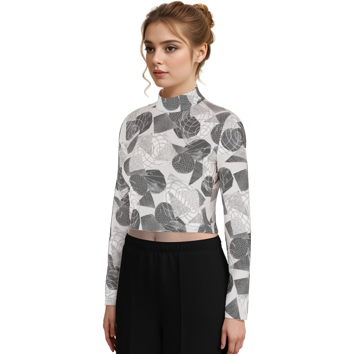 Eco-Friendly All-Over Print Women's Turtleneck T-shirt With Long Sleeve