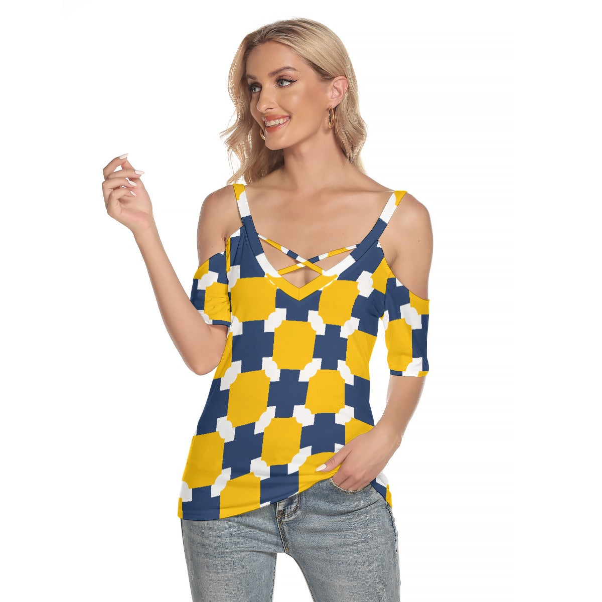 All-Over Print Women's Cold Shoulder T-shirt With Criss Cross Strips