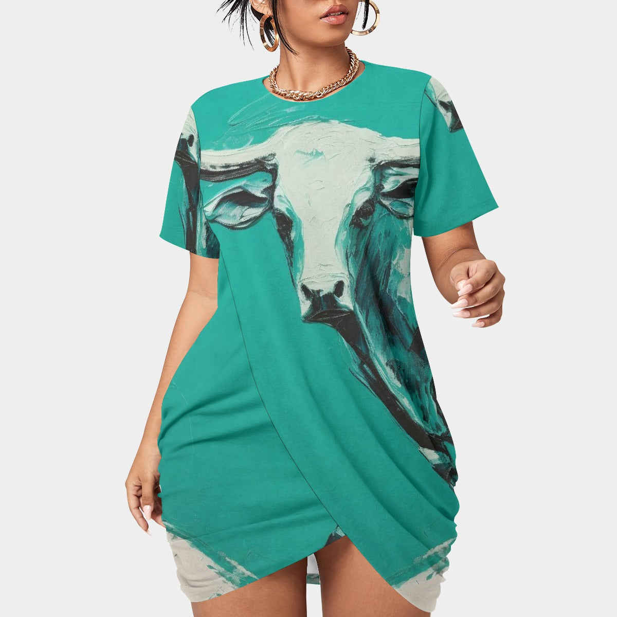 All-Over Print Women’s Stacked Hem Dress With Short Sleeve（Plus Size）