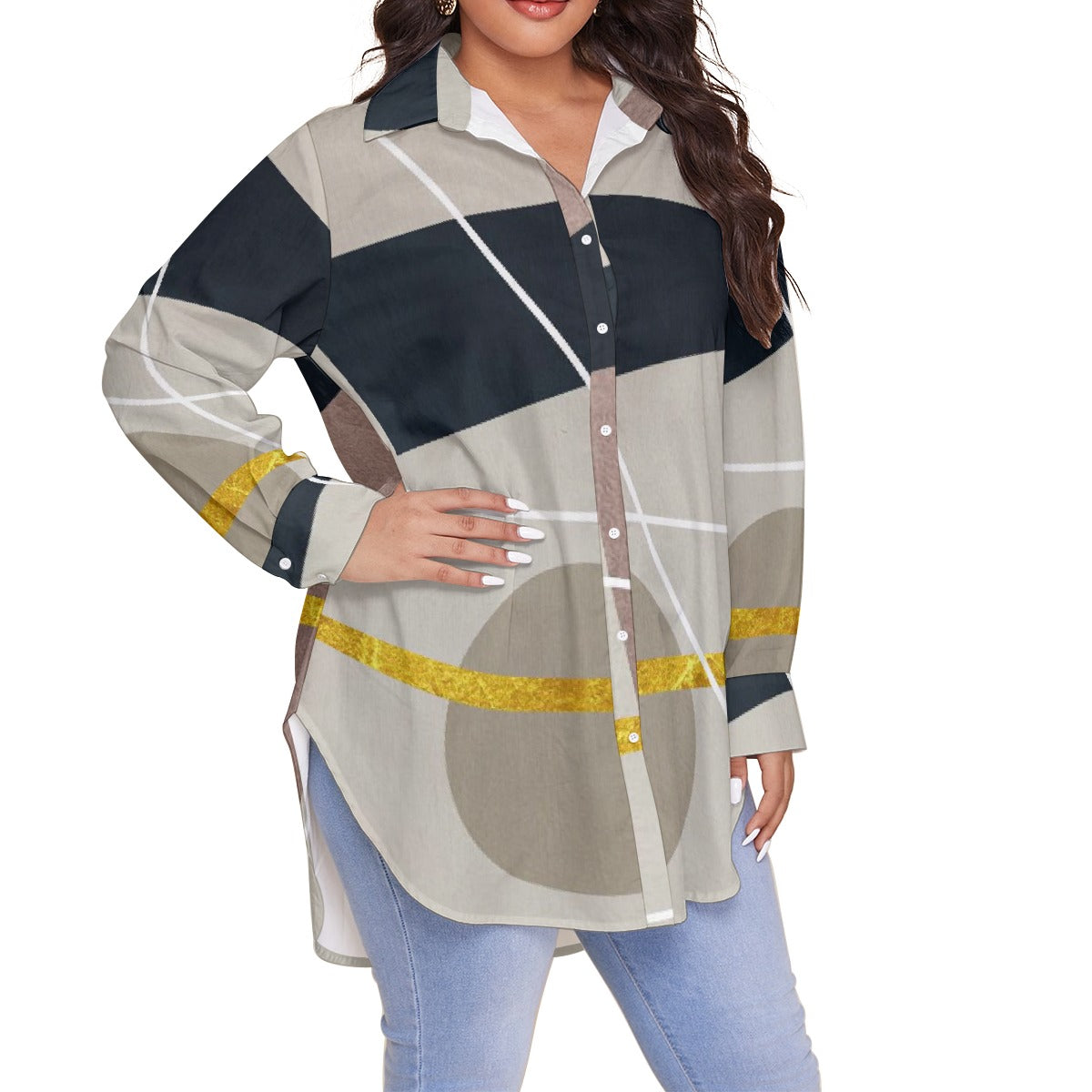 All-Over Print Women's Shirt With Long Sleeve(Plus Size)